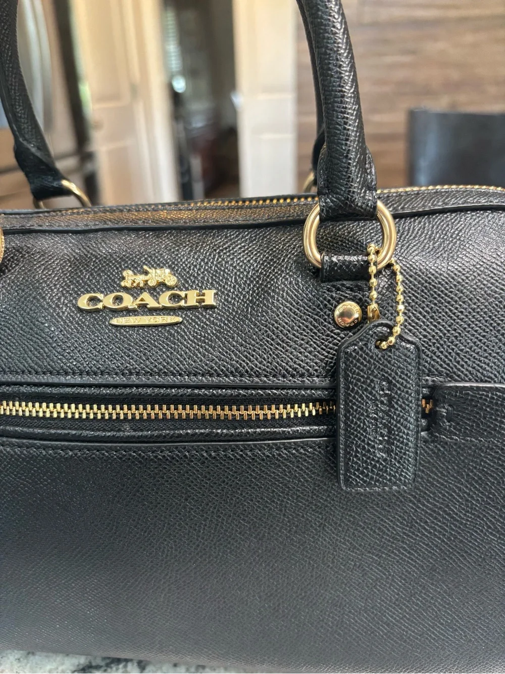 Coach Medium Rowan Black Leather Satchel with Gold-Hardware and Crossbody strap
